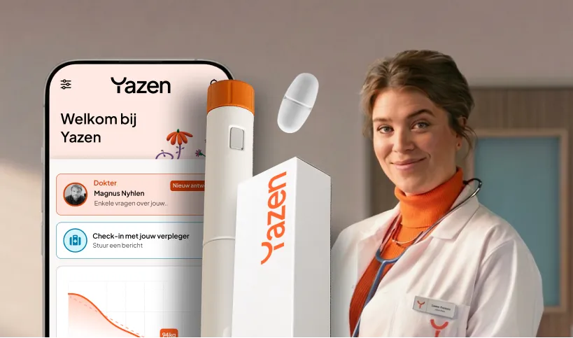Smiling female doctor in white coat standing next to a smartphone displaying the Yazen app interface and medical devices including a pen-like instrument, a pill, and a Yazen box.