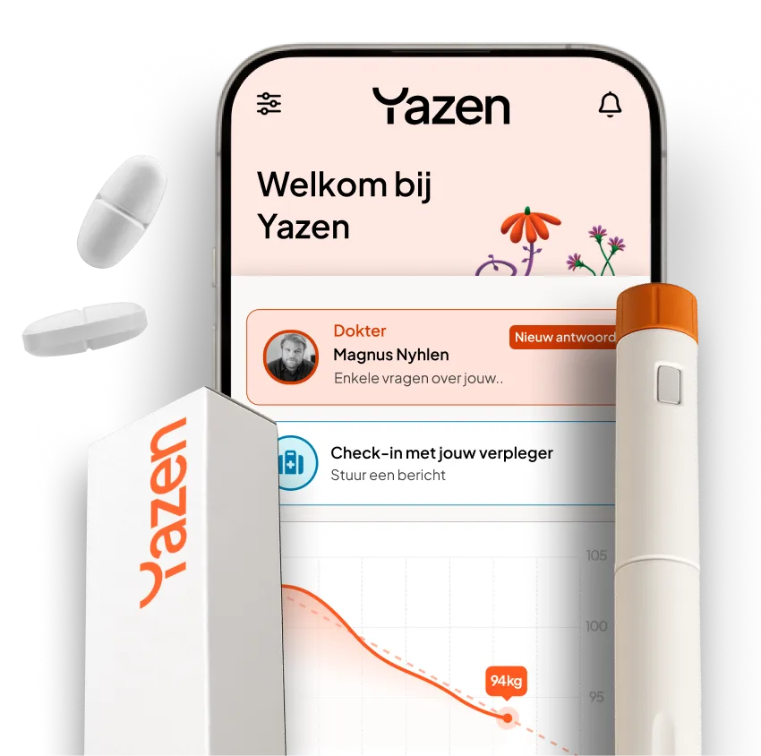 Smartphone displaying Yazen app interface with medical consultation and check-in features, alongside Yazen branded box and medical inhaler devices with pills.