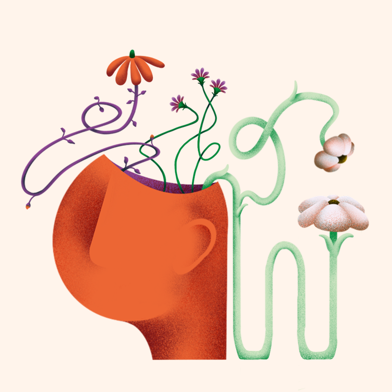 Abstract orange head silhouette with various colorful flowers and vines growing from inside and around it.