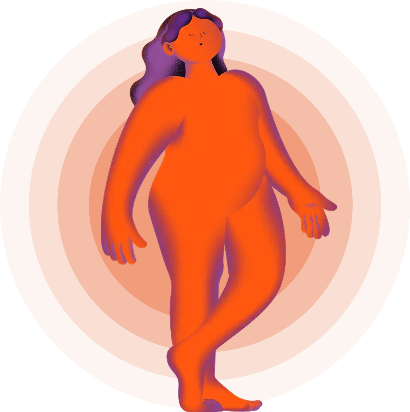 Stylized orange figure with purple hair standing on crossed legs with eyes closed on peach circle background.