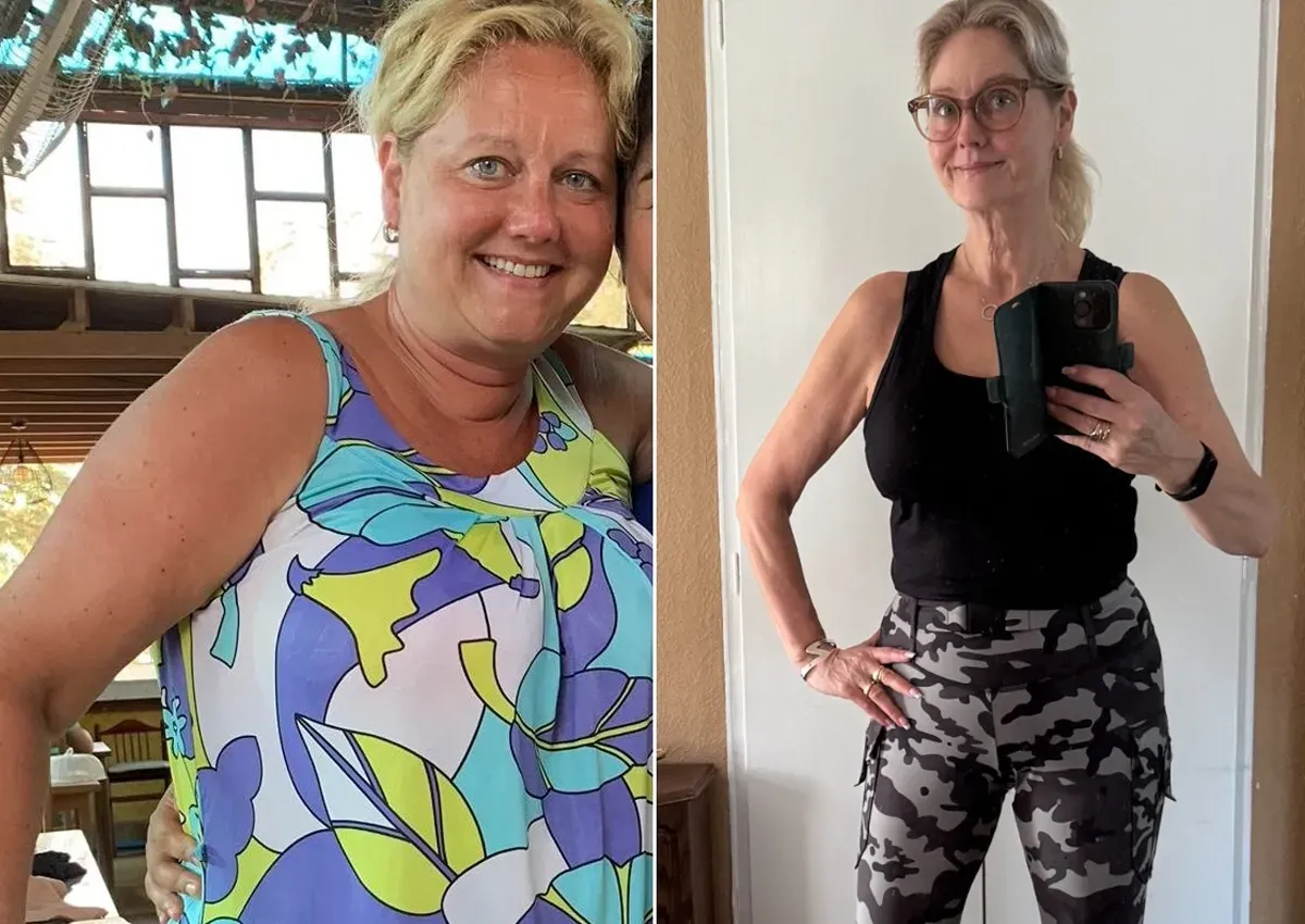 Side-by-side image of a woman before and after weight loss, wearing a colorful top then black tank and camo pants.