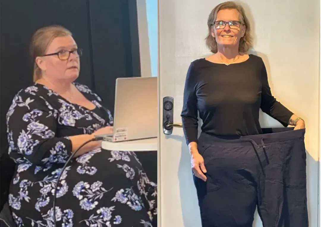Before and after weight loss: left woman seated with floral dress, right woman holding large pants.