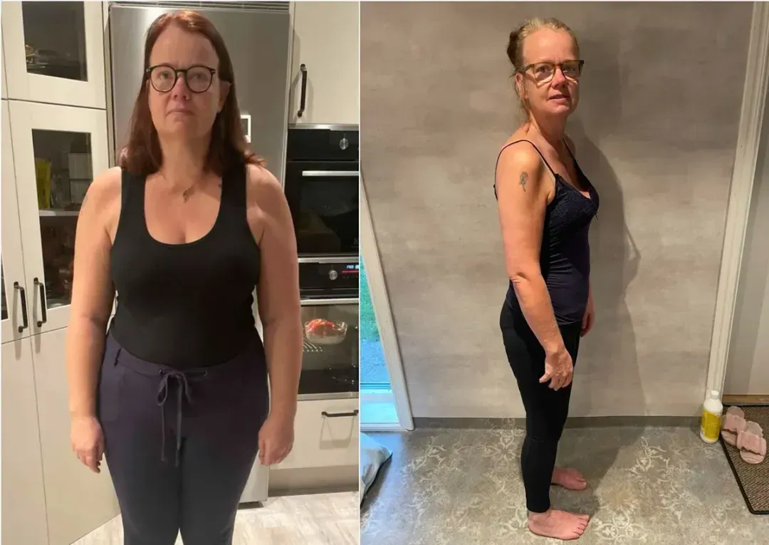 Woman with glasses wearing dark tank tops and pants in front and side views indoors.