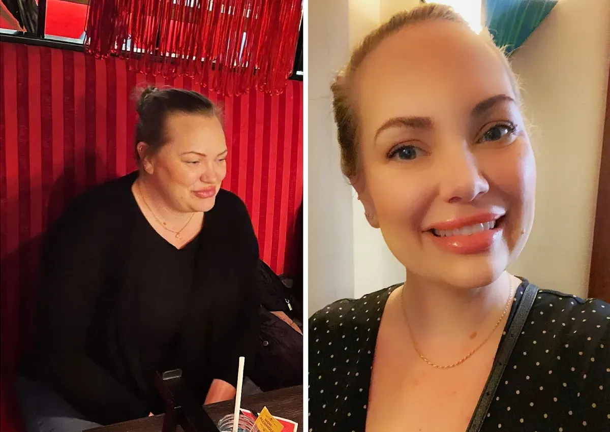 Two images of a smiling woman with light skin, wearing black tops, one sitting and one close-up selfie.