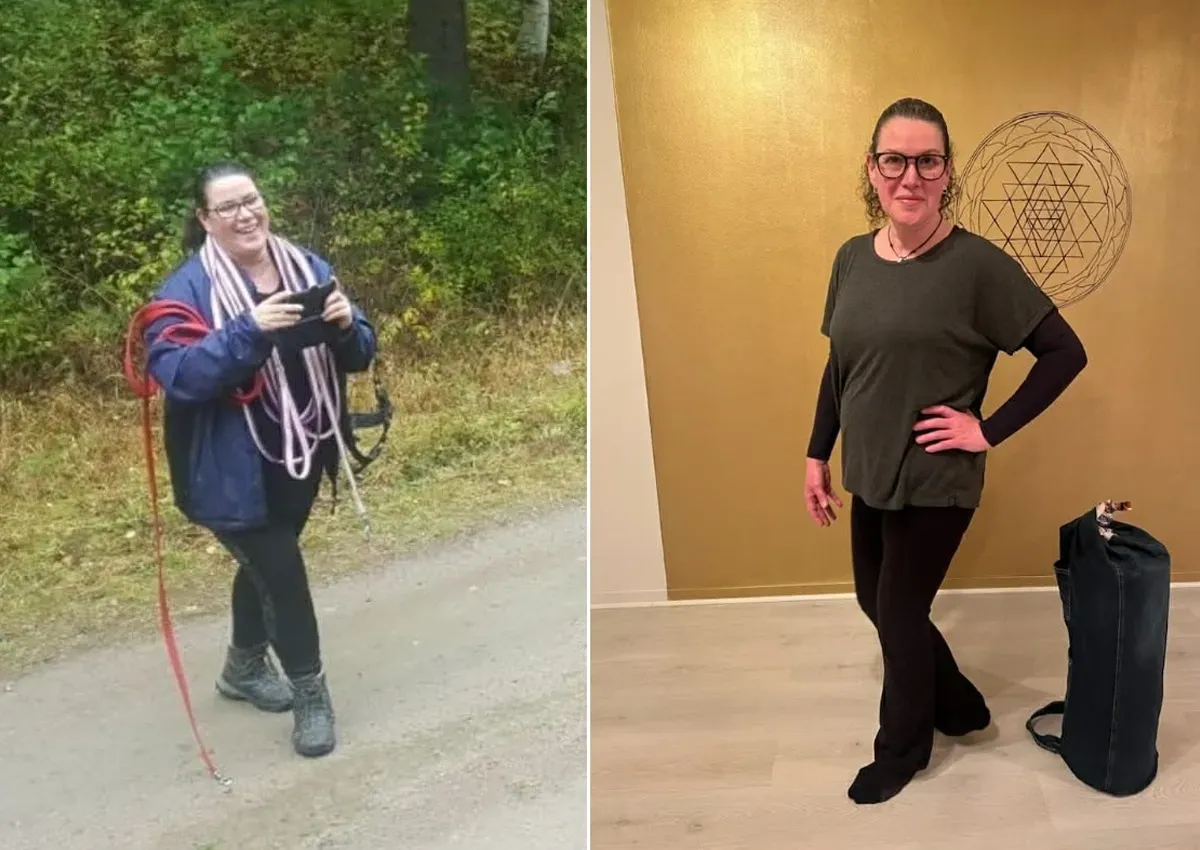 Side-by-side photos of a woman outdoors holding ropes and indoors posing next to a bag.