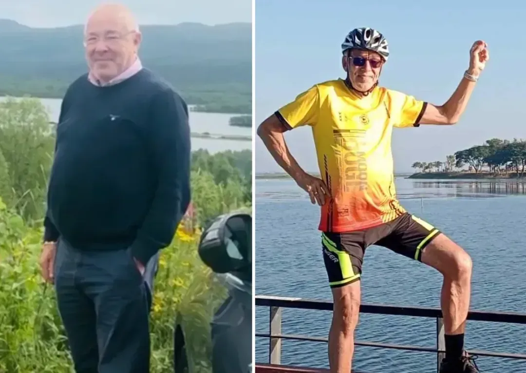 Side-by-side of an older man standing outdoors and the same man in cycling gear by the water.