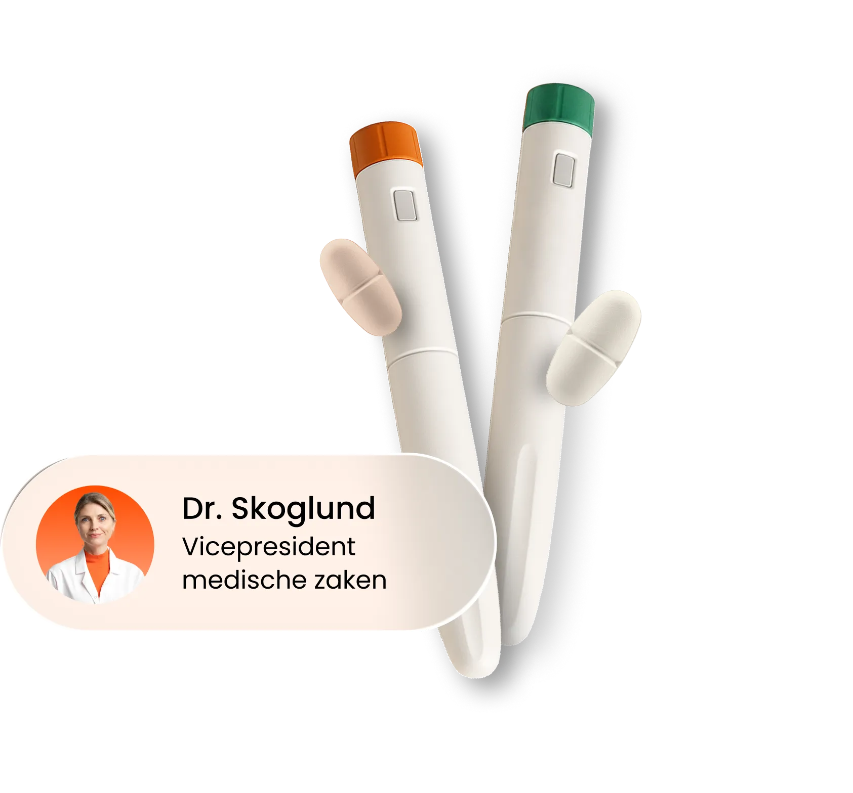 Two white insulin pens, one with an orange cap and beige pill, one with green cap and white pill.