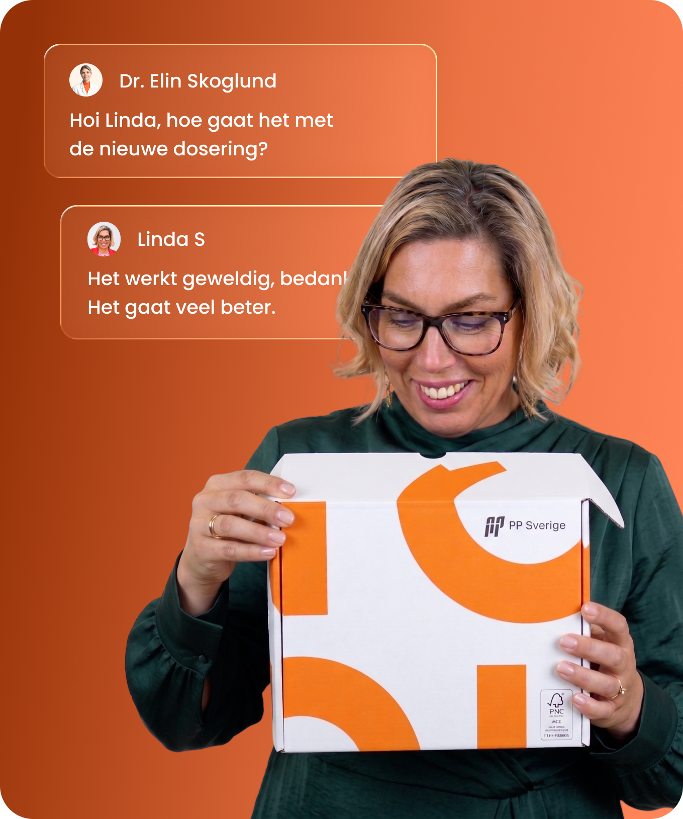 Woman in glasses smiling and holding an orange and white PP Sverige package against orange background.