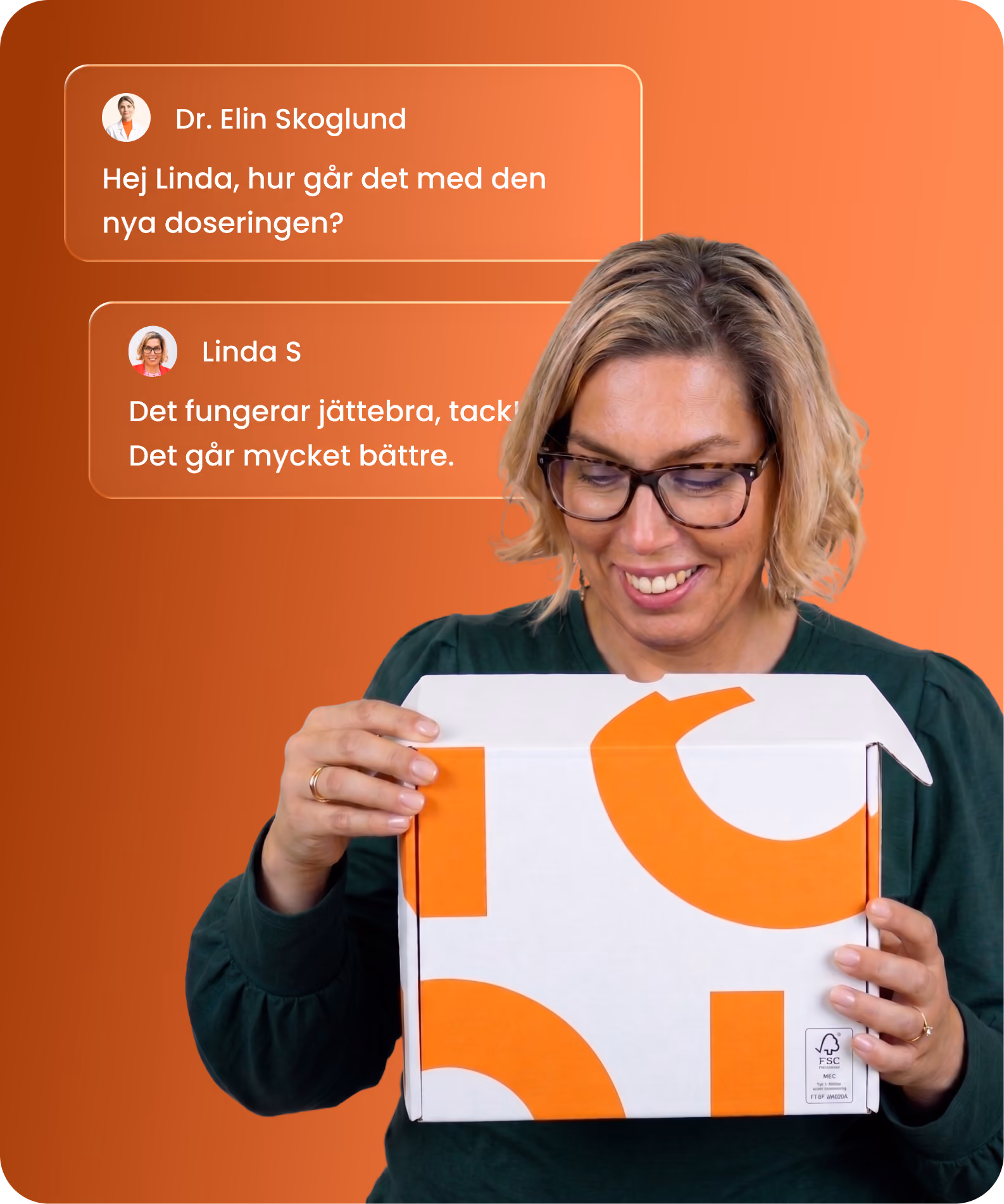 Smiling woman with glasses and blonde hair holds a white and orange box labeled PP Sverige against an orange background with Swedish text messages above her.