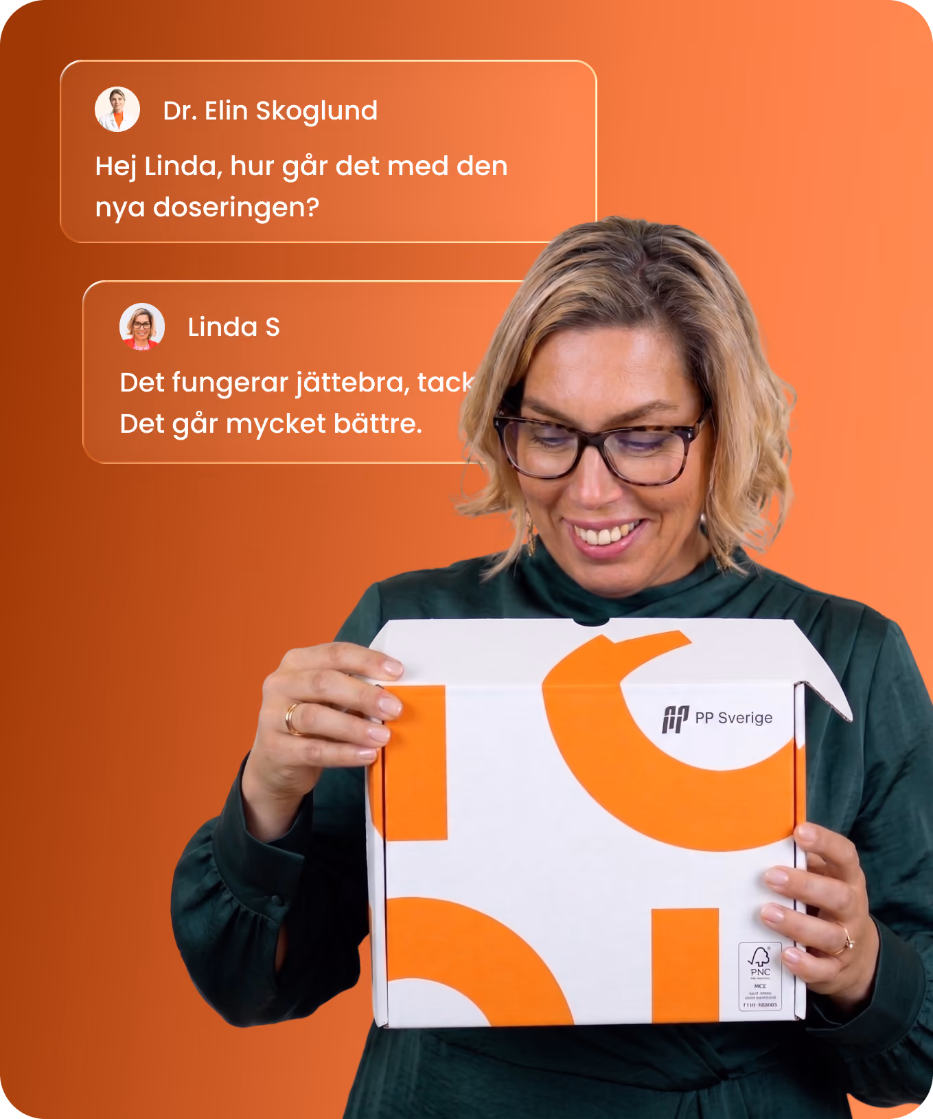 Smiling woman with glasses and blonde hair holds a white and orange box labeled PP Sverige against an orange background with Swedish text messages above her.
