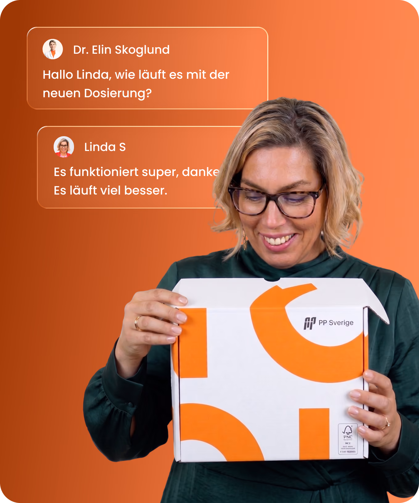 A smiling woman with blonde hair and glasses holds an open white box with orange design and text PP Sverige against an orange background, alongside German text messages discussing medication dosage and improvement.