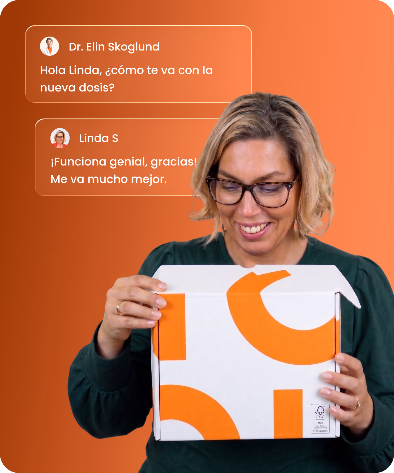 Smiling woman with glasses and a green blouse holding a white box with large orange shapes and the logo 'PP Sverige' on it, against an orange background that features Spanish chat text between Dr. Elin Skoglund and Linda S discussing a medication dose.