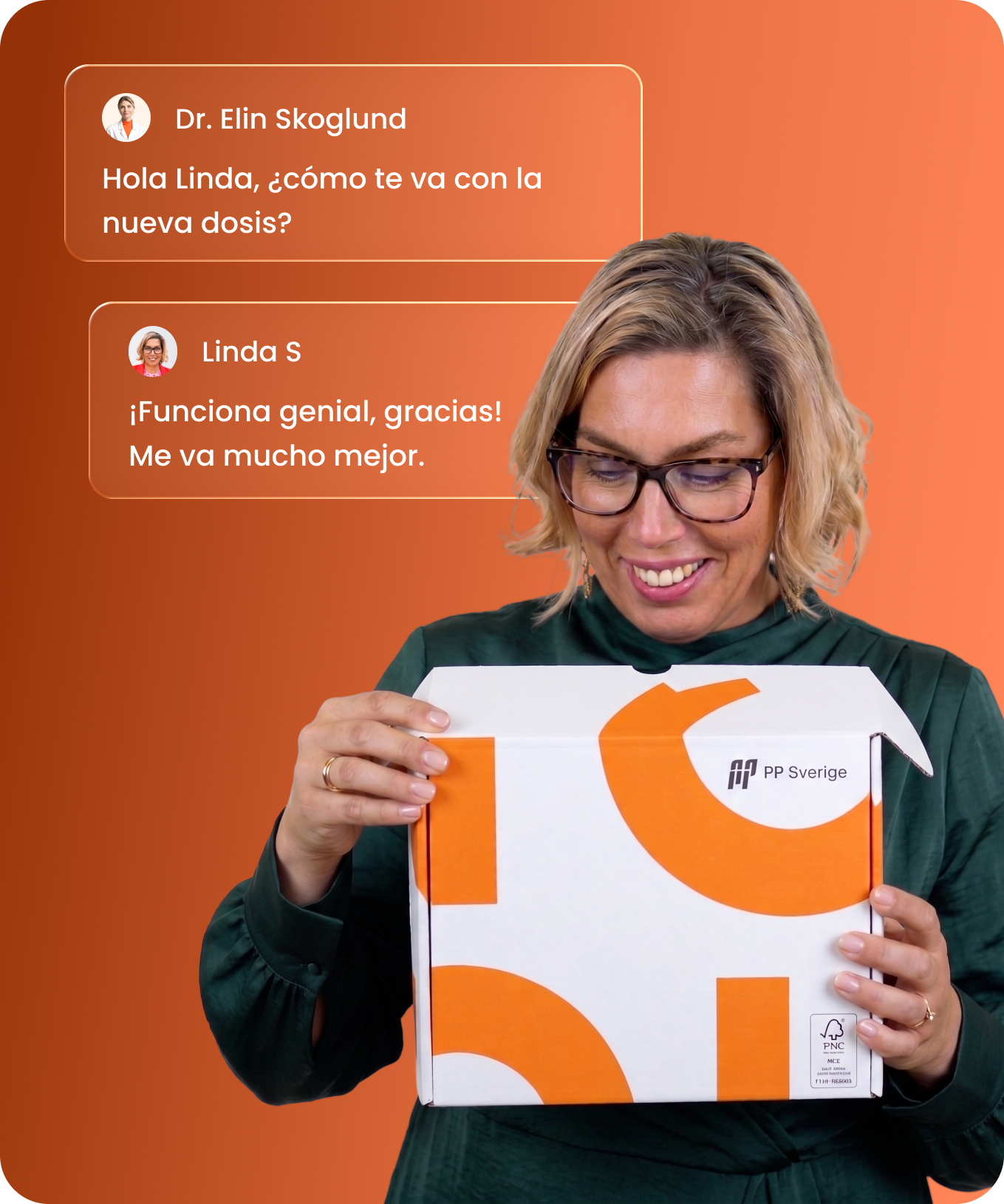 Smiling woman with glasses and a green blouse holding a white box with large orange shapes and the logo 'PP Sverige' on it, against an orange background that features Spanish chat text between Dr. Elin Skoglund and Linda S discussing a medication dose.