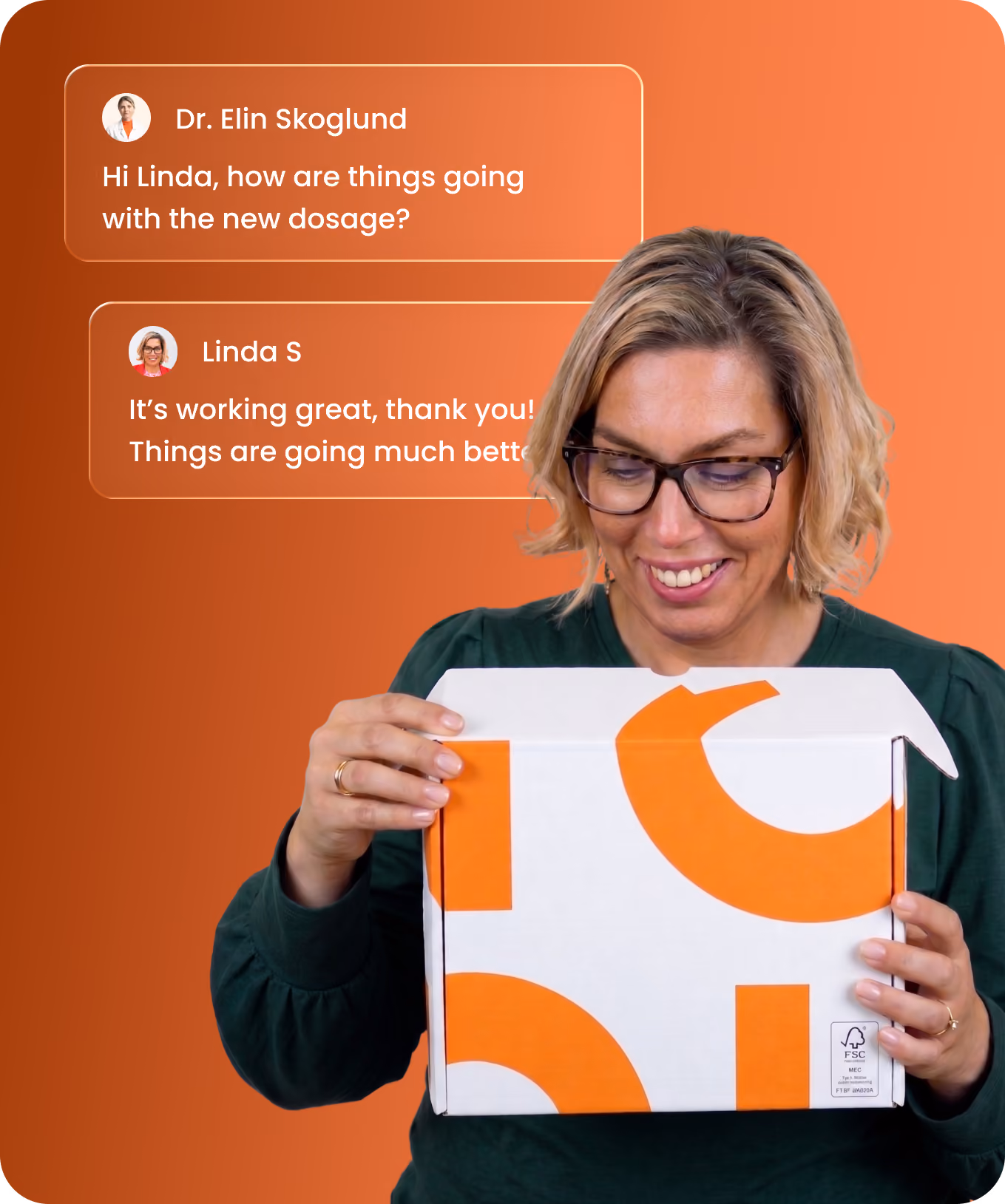 Woman with short blonde hair and glasses wearing a green top smiles while holding a white and orange box labelled 'PP Sverige' against an orange background with chat messages about medication dosage between Dr. Elin Skoglund and Linda S.