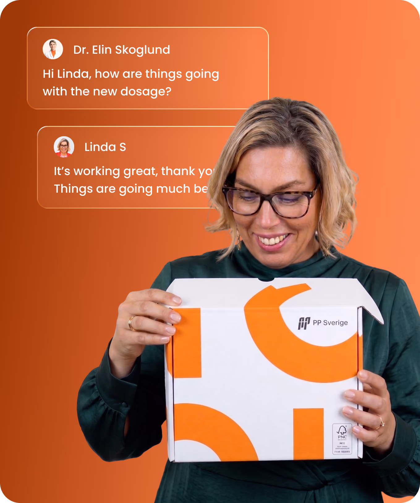 Woman with short blonde hair and glasses wearing a green top smiles while holding a white and orange box labelled 'PP Sverige' against an orange background with chat messages about medication dosage between Dr. Elin Skoglund and Linda S.