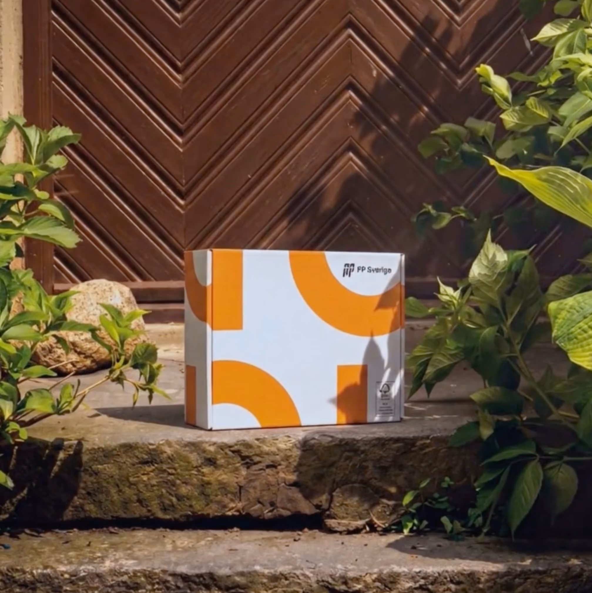White and orange geometric-patterned delivery box labeled 'PP Svarrigo' placed on a stone doorstep surrounded by green leafy plants, in front of a wooden door with a chevron design.