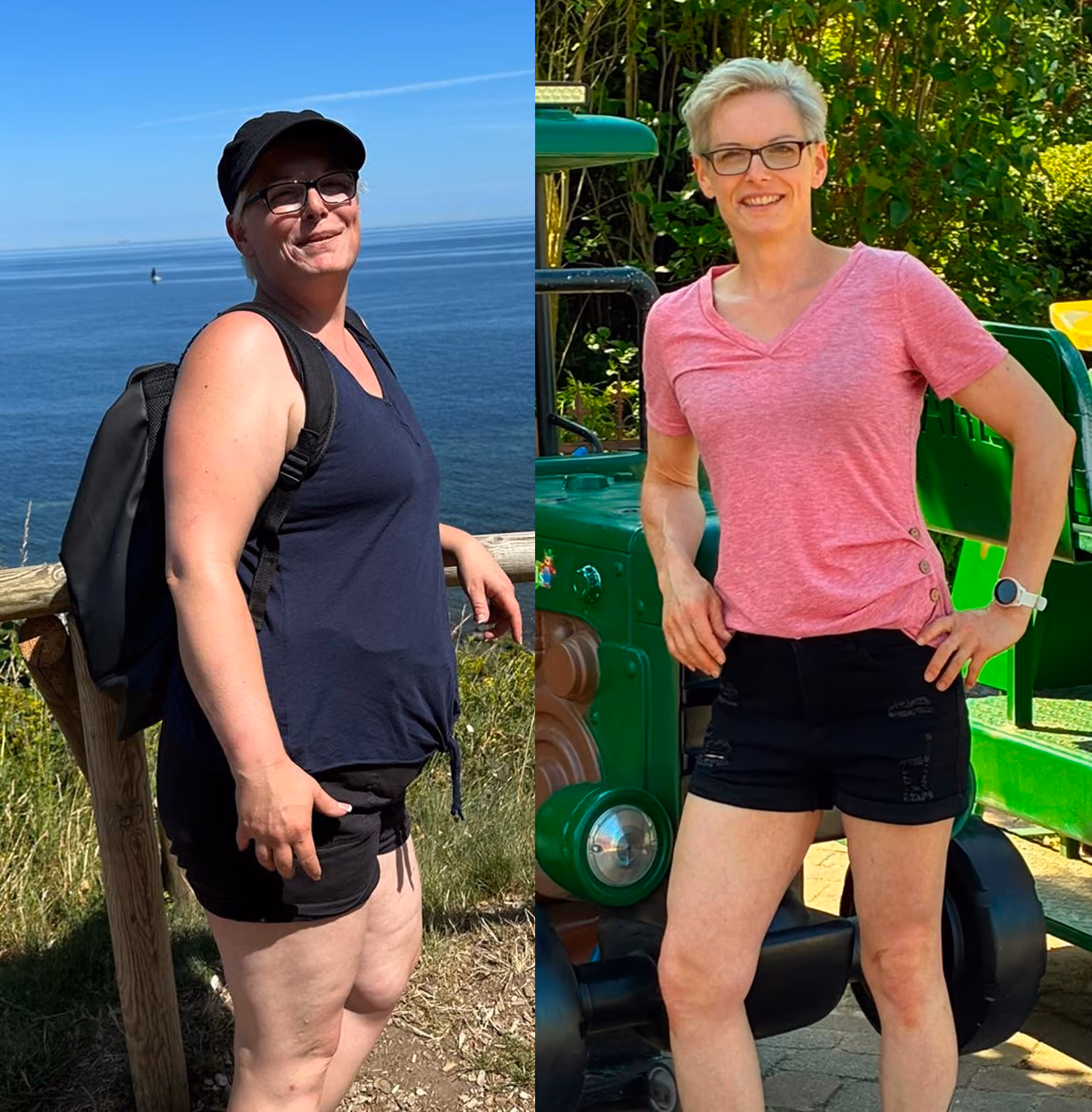 Side-by-side photos showing a woman outdoors in different settings: on the left, she wears a black cap, glasses, navy tank top, black shorts, and backpack by the sea; on the right, she wears glasses, a pink short-sleeve shirt, black shorts, and a smartwatch, standing by a green ride vehicle with trees in the background.