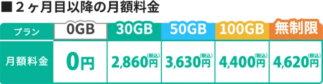 月額料金：0GBが0円、30GBが2860円、50GBが3630円、100GBが4,400円、無制限が4,620円