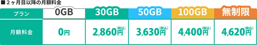 月額料金：0GBが0円、30GBが2860円、50GBが3630円、100GBが4,400円、無制限が4,620円