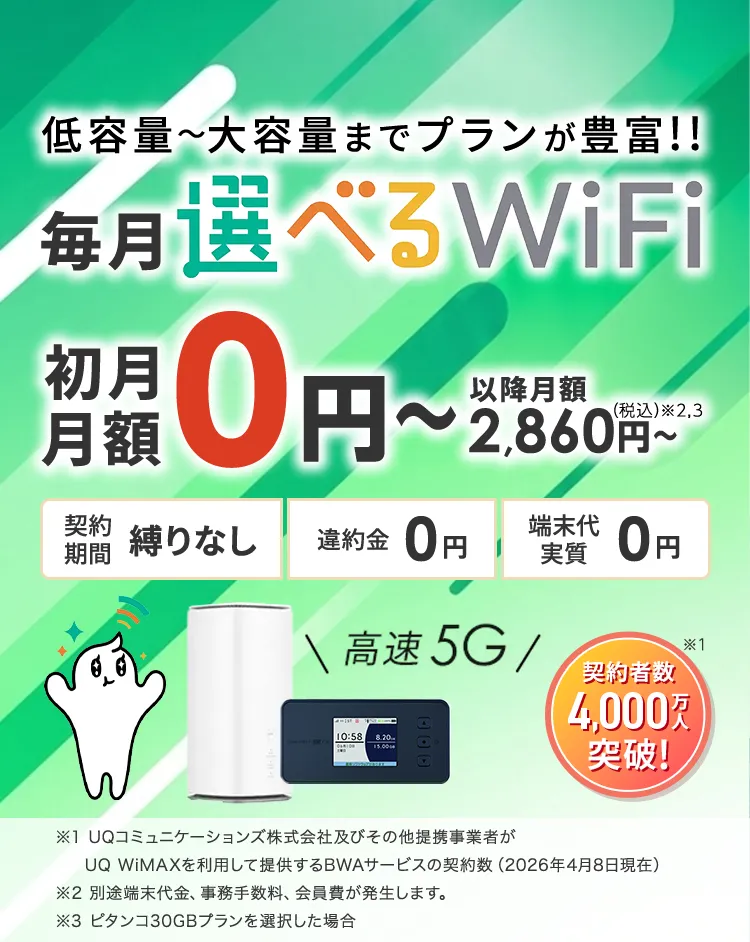 低容量~大容量までプランが豊富!毎月選べるWiFi。契約者数4,000万人突破!初月月額0円~以降月額2,860円~(税込)※2,3。契約期間 縛りなし 違約金0円 端末代実質0円 ※1UQコミュニケーションズ株式会社及びその他提携事業者がUQ WiMAXを利用して提供するBWAサービスの契約数(2026年4月8日現在)※2 別途端末代金、事務手数料、会員費が発生します。※3 ピタンコ30GBプランを選択した場合