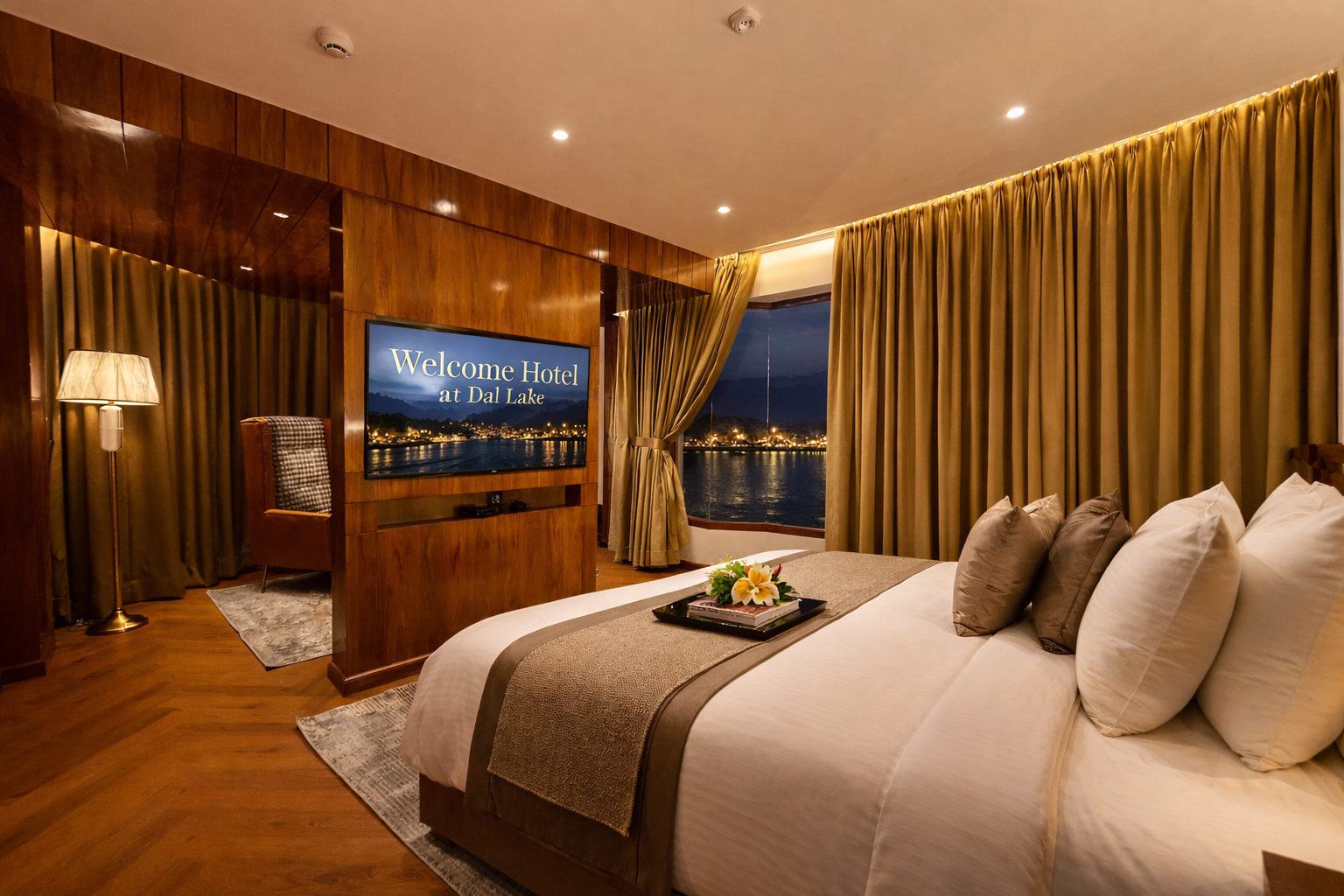 Luxurious hotel room with a large bed, greenish-gold curtains, a TV displaying 'Welcome Hotel at Dal Lake,' and a night view of a lake through the window.