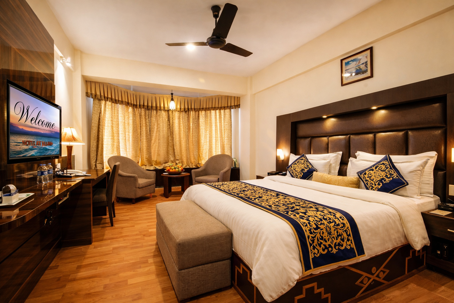 Hotel room with large bed featuring decorative blue and gold bedding, two armchairs with a small table, and a wall-mounted TV displaying a welcome message.