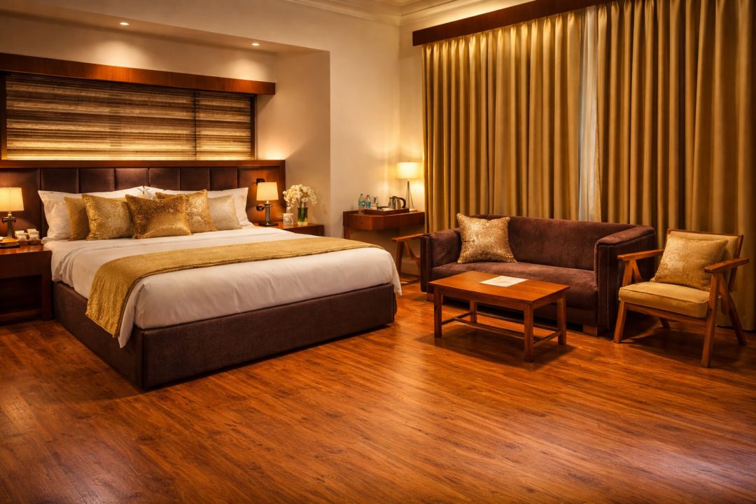 Warmly lit hotel room with a large bed featuring white linens and gold cushions, a brown sofa, armchair, coffee table, and curtains.