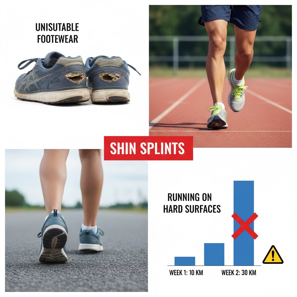 Schlecht passende Schuhe als Ursache des Schienbeinkantensyndroms.