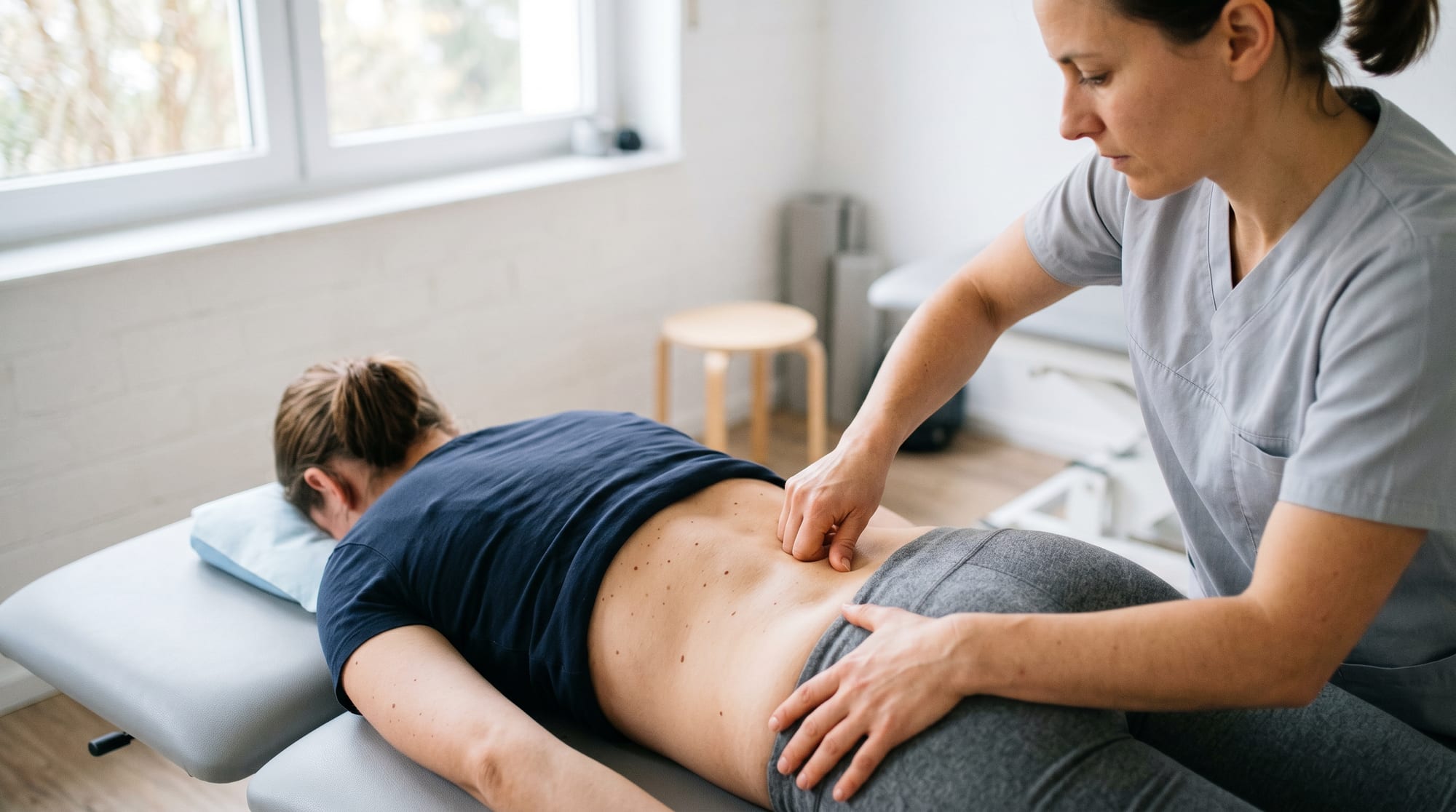 Patient macht Dehnübungen für das ISG in der Physiotherapiepraxis Novum2 in Köln