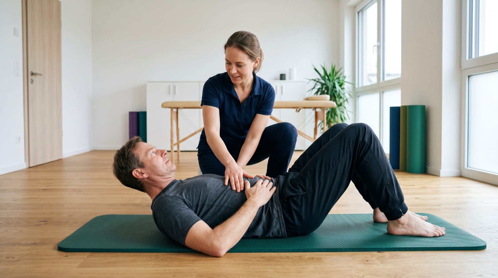 Physiotherapeut zeigt Flexionsübung zur Behandlung der Spinalkanalstenose