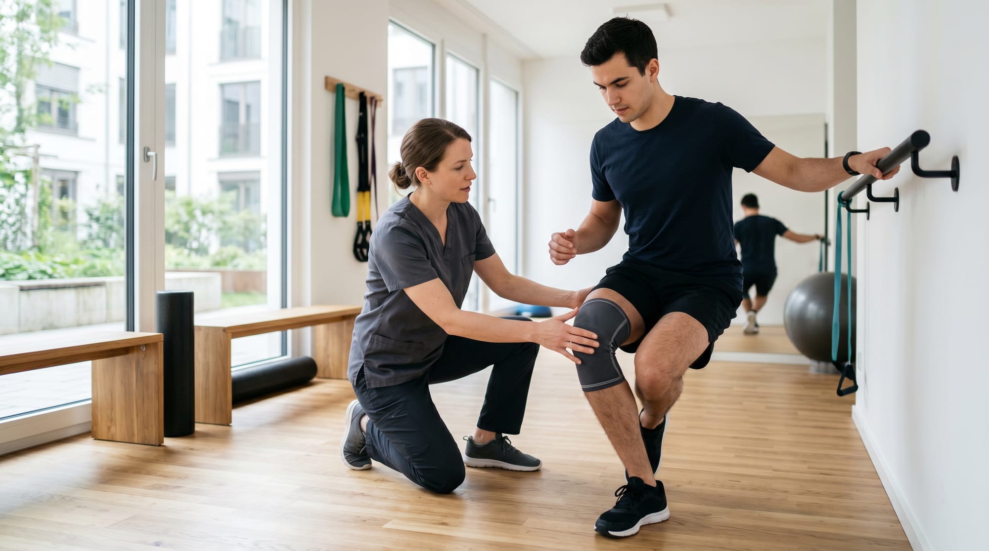 Exzentrisches Training bei Patellaspitzensyndrom: Einbeinige Kniebeuge auf Schrägbrett zur Stärkung der Patellasehne