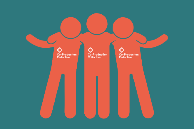 Illustration of three orange stick figures with arms around each other, symbolizing unity and support. All figures wear shirts displaying the 'Co-Production Collective' logo, set against a teal background
