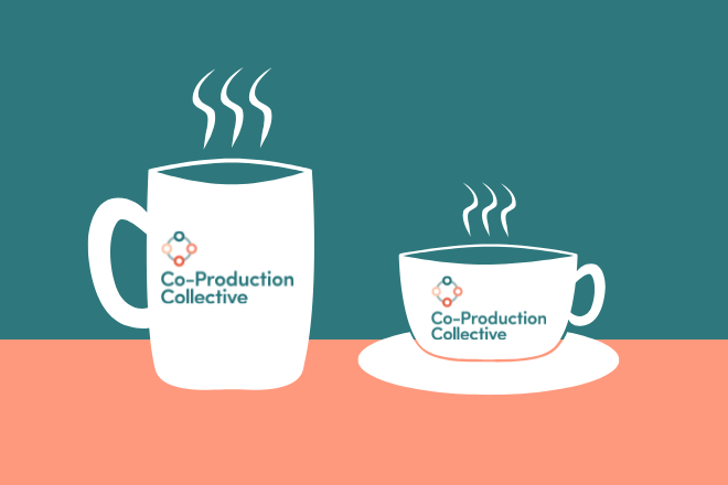 Illustratrion of a white coffe cup and teach cup both with Co-Production Collective logo on, on an orange table with a teal background 