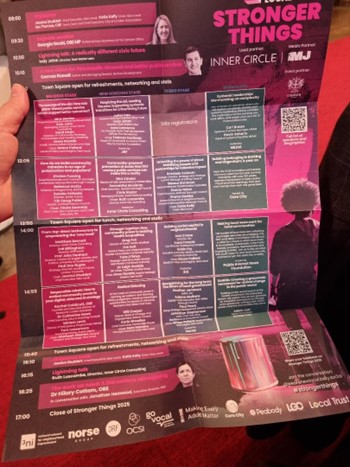 Photograph of a printed conference agenda for 'Stronger Things 2025.