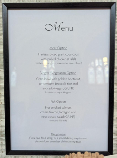 A framed menu displaying three meal options for the Stronger things blog conference.