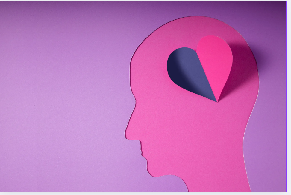Illustration of a human head silhouette in pink with a heart-shaped cutout in the brain area, set against a purple background. Image credit - Canva.