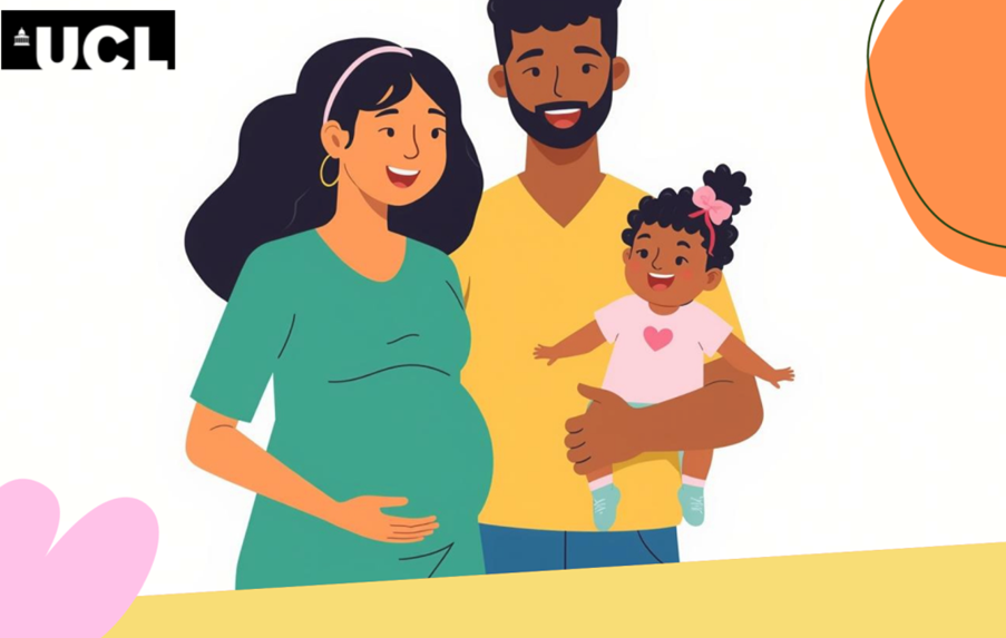 An cartonised illustration of a smiling pregnant woman standing beside a smiling man who is holding a young child in his arms. The family appears cheerful, and a small UCL logo is shown in the top-left corner.