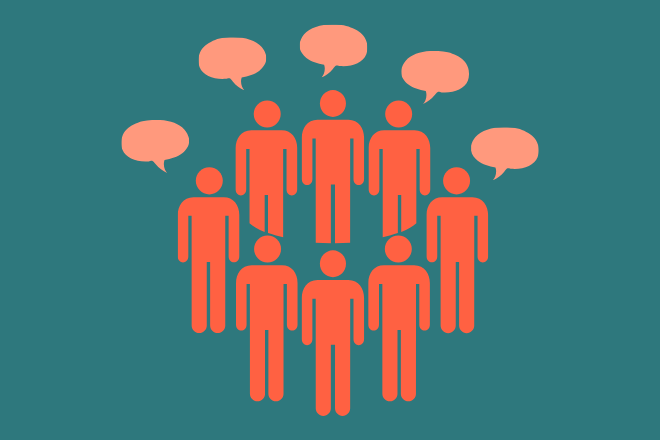This is an illustration of dark orange shapes of people standing in a circle with conversation light orange bubbles coming from their mouths on a dark teal backround