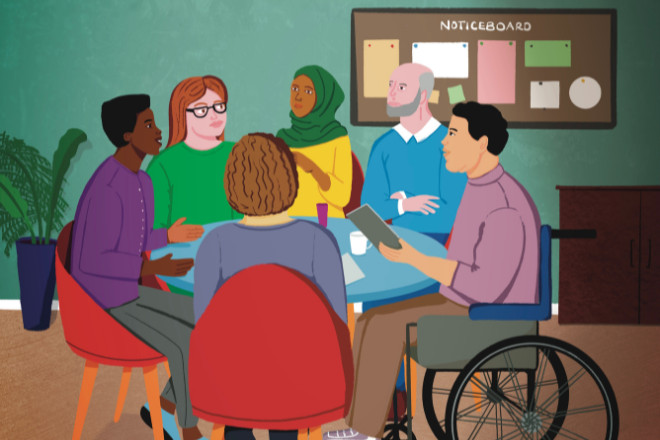 Illustration by Kareen Cox of five adults sitting around a table in a meeting room, engaged in conversation. One person holds a tablet, and a noticeboard hangs on the wall behind them.