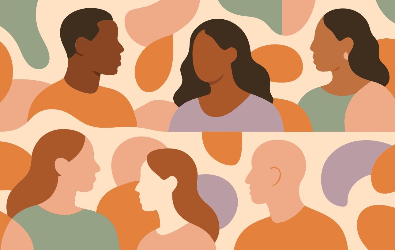 Illustration of  5 people from different backgrounds on colourful abstract backdrop
