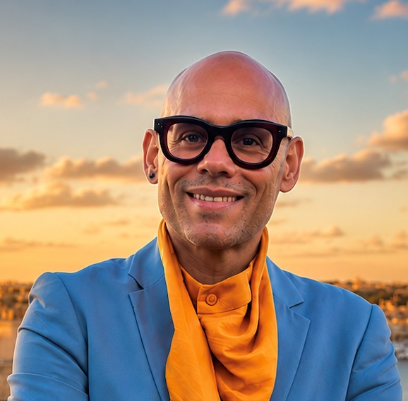 Photo of Isaac - a person wearing black glasses a light blue jacket and bright light orange shirt against blue sky
