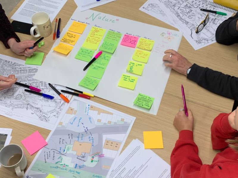 Seen from above, workshop materials capturing group work about 'Nature' are spread across a table, including maps, post-its, and marker pens. Four sets of hands can be seen reaching over the edges of the papers and two people hold markers. Two mugs of tea are on the table, along with several notebooks.