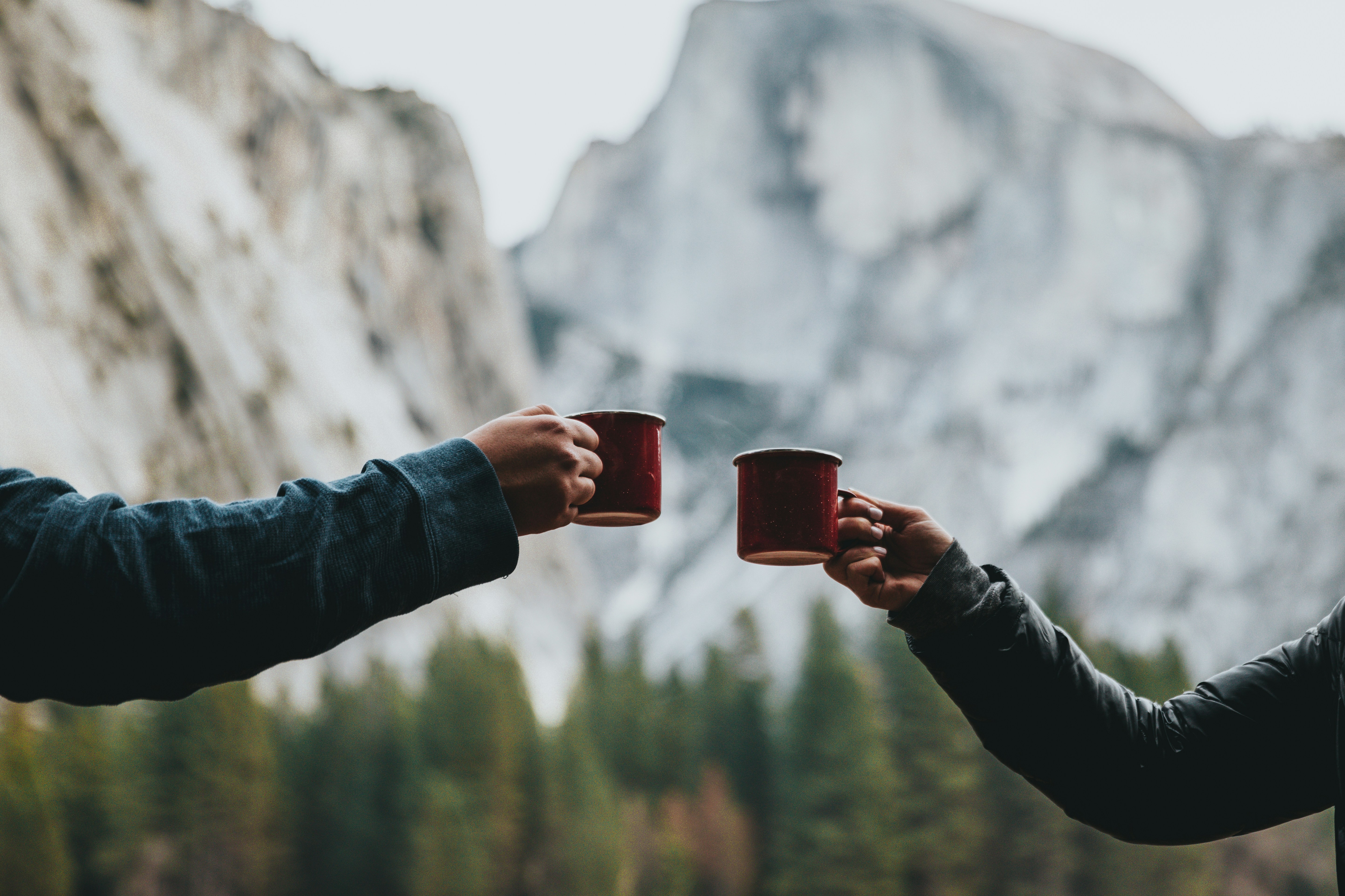 Two people raise red mugs in a toast against a backdrop of snow-capped mountains and a forest.