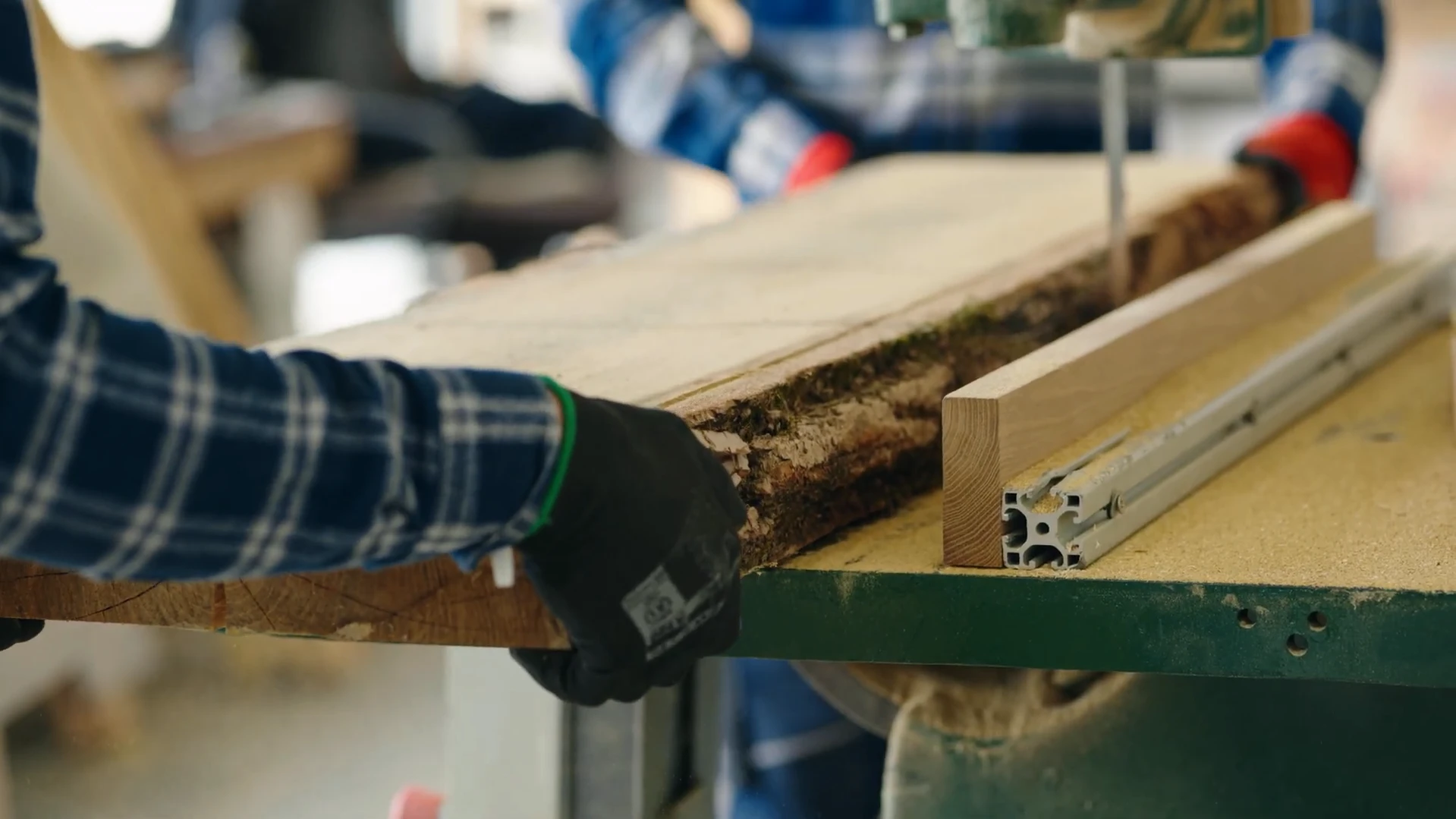 Gloved hand guiding a freshly sawn black locust board past a bandsaw at the mill