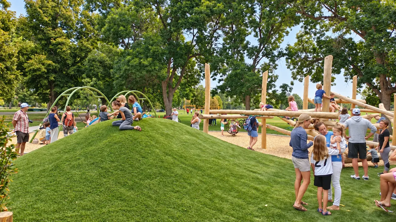 Families on a grass mound beside a black locust climbing structure