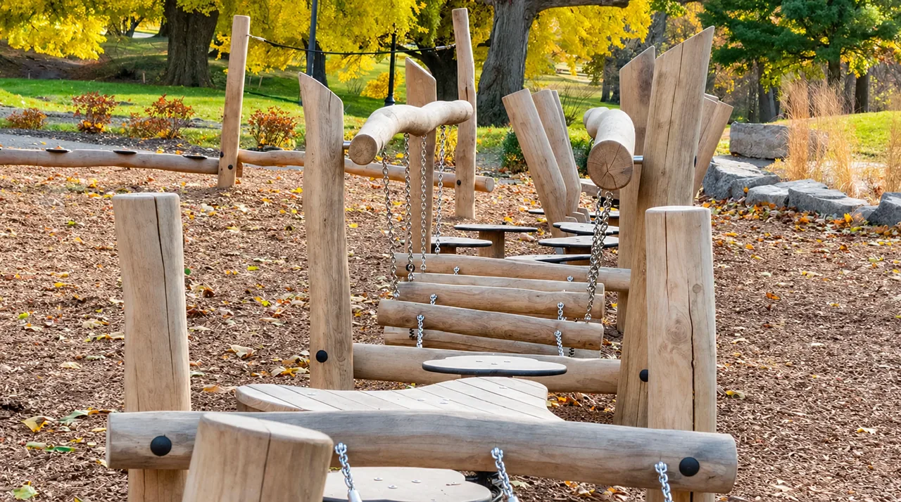 Black locust log chain bridge in a playground