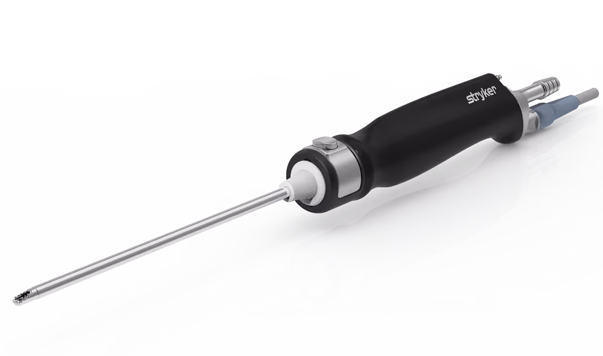 Stryker brand surgical instrument with a long thin metal shaft and black ergonomic handle.