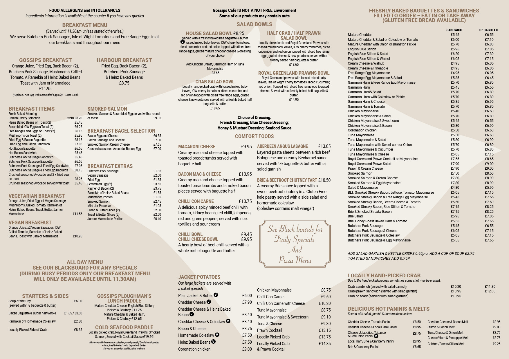 Side two of the Gossips cafe menu