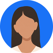 Avatar icon of a woman with long dark hair on a blue circular background.