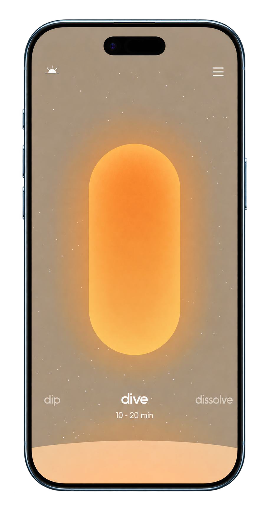 The Olo app on iPhone at golden hour: a glowing amber pill, with dip, dive (10 - 20 min) and dissolve below